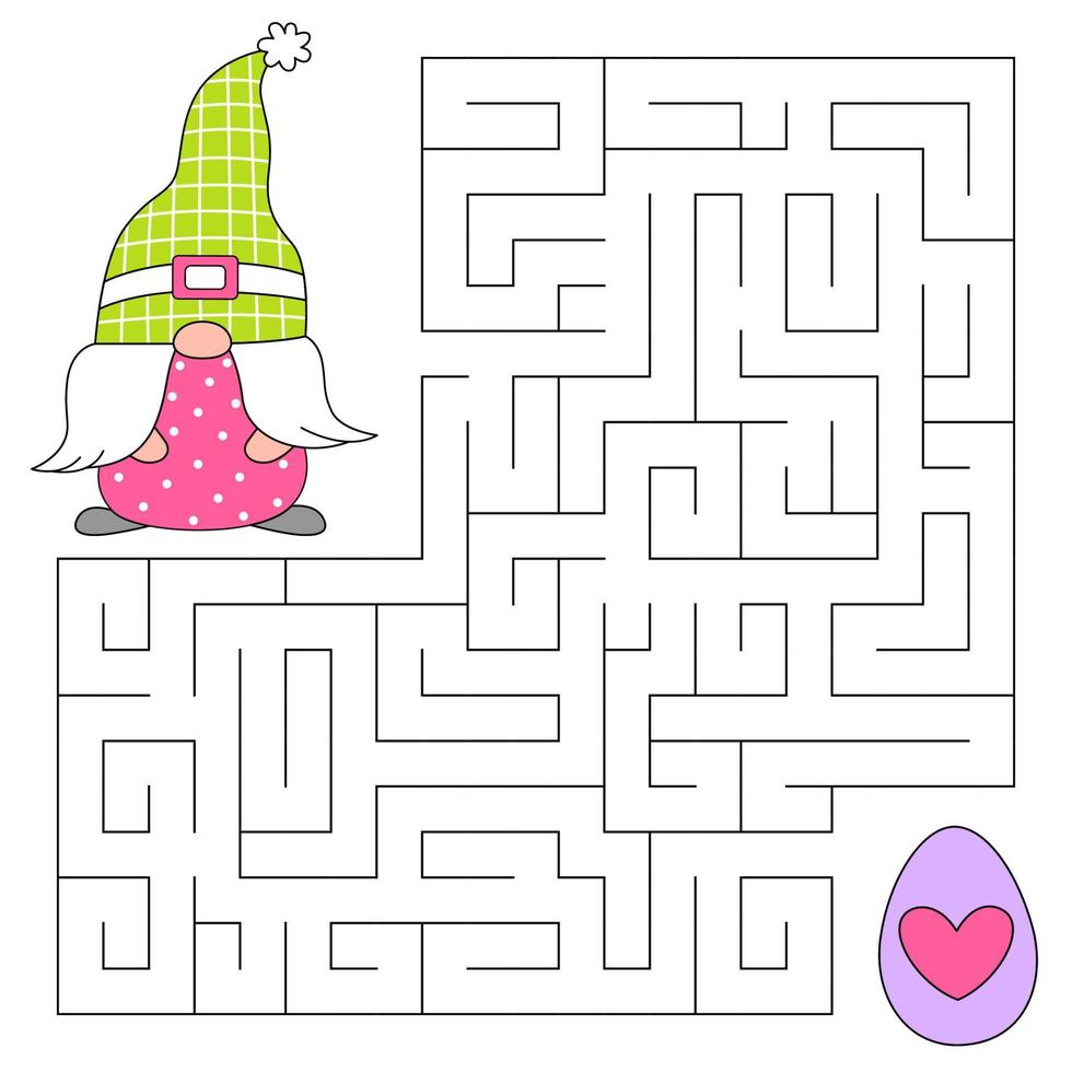 Spring maze game for kids. Cute gnome looking for a way to the egg. Happy easter. Doodle cartoon style. Printable worksheet. Vector cartoon illustration for Orthodox easter.