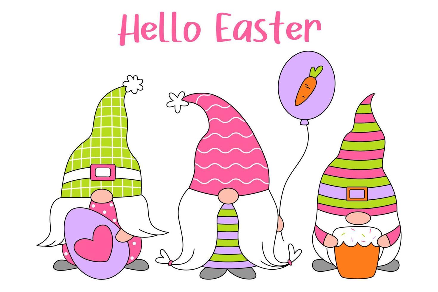 Set cute gnomes with eggs, cake, baloon for Easter and spring. Happy Easter. Doodle cartoon style. Vector draw illustration for greeting card, poster, banner, stickers, invitation.