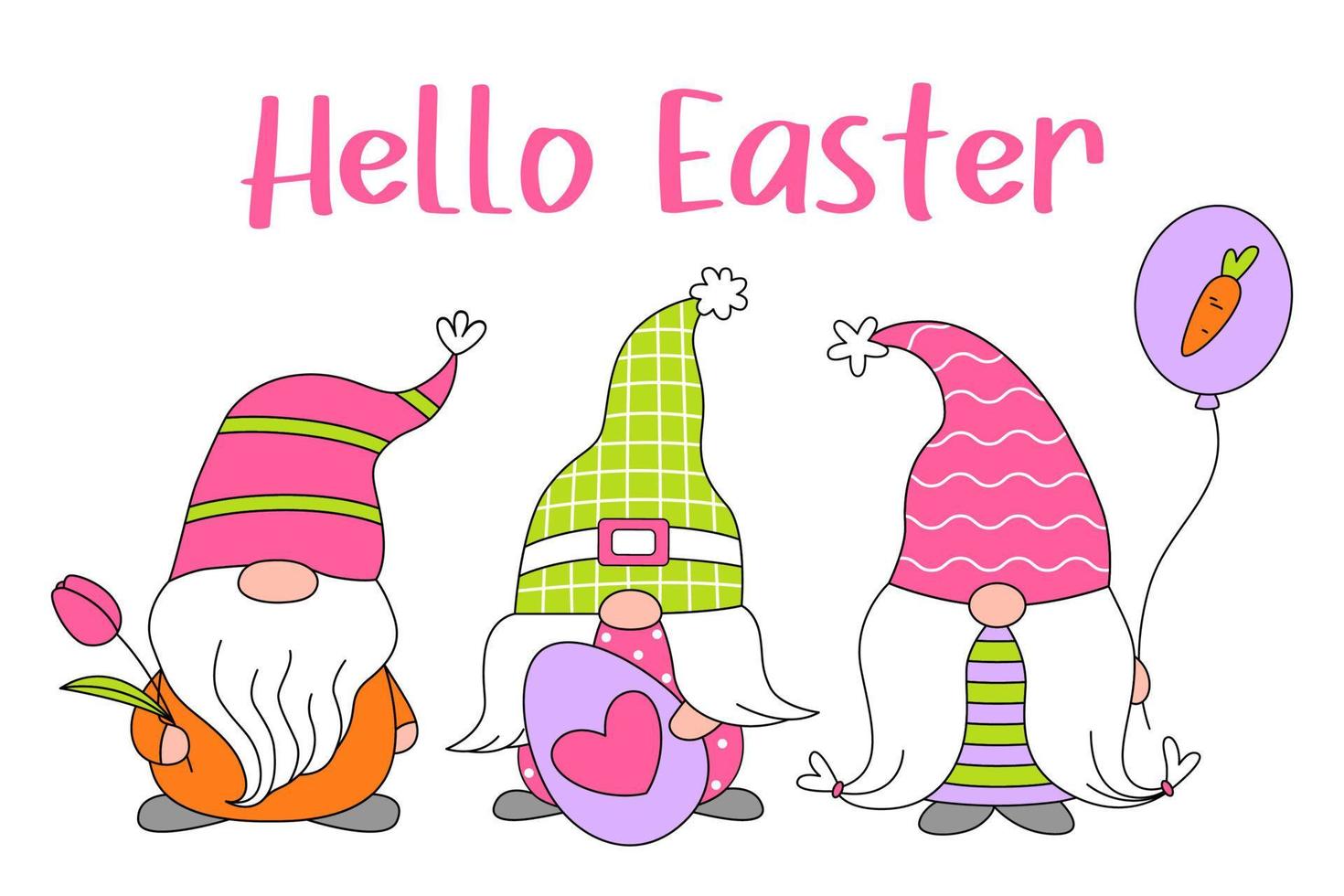 Set cute gnomes with eggs, carrot, baloon, tulip for Easter and spring. Happy Easter. Doodle cartoon style. Vector draw illustration for greeting card, poster, banner, stickers, invitation.