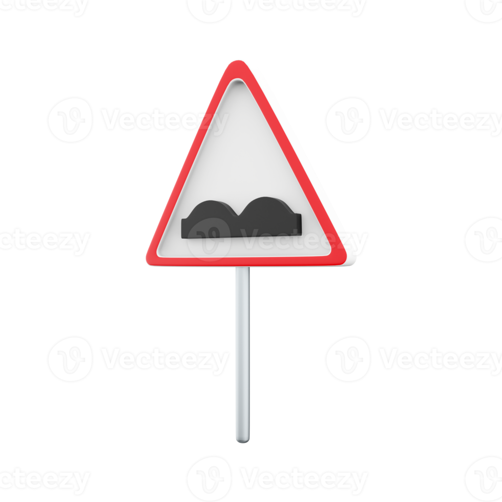 3d geven weg teken waarschuwing ongelijk weg. in rood driehoek beeld van slecht Hoes met kuilen. 3d renderen weg teken waarschuwing ongelijk weg tekenfilm icoon. png