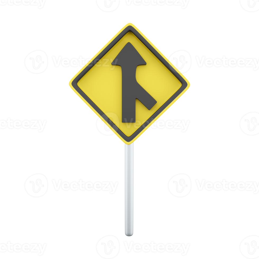 3d framställa de trafik tecken går samman med de rätt körfält. varning till bilister på de väg. 3d tolkning de trafik tecken går samman med de rätt körfält tecknad serie ikon. png