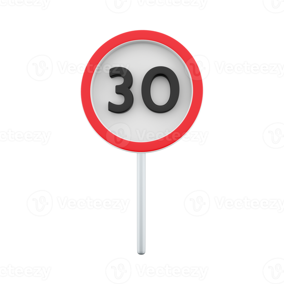 3d render 30 kilometers or miles per hour max speed limit red sign - Thirty speed limit traffic sign editable  illustration. 3d rendering Thirty speed limit traffic sign cartoon icon. png