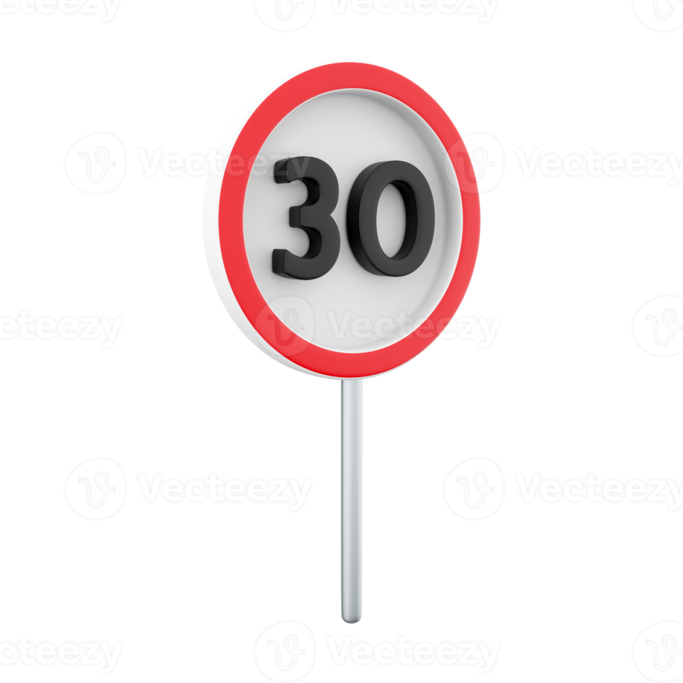 3d render 30 kilometers or miles per hour max speed limit red sign - Thirty speed limit traffic sign editable  illustration. 3d rendering Thirty speed limit traffic sign cartoon icon. png