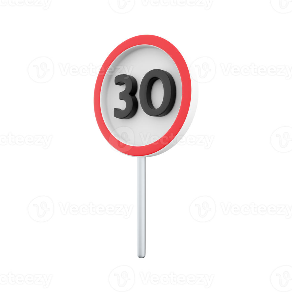 3d render 30 kilometers or miles per hour max speed limit red sign - Thirty speed limit traffic sign editable  illustration. 3d rendering Thirty speed limit traffic sign cartoon icon. png