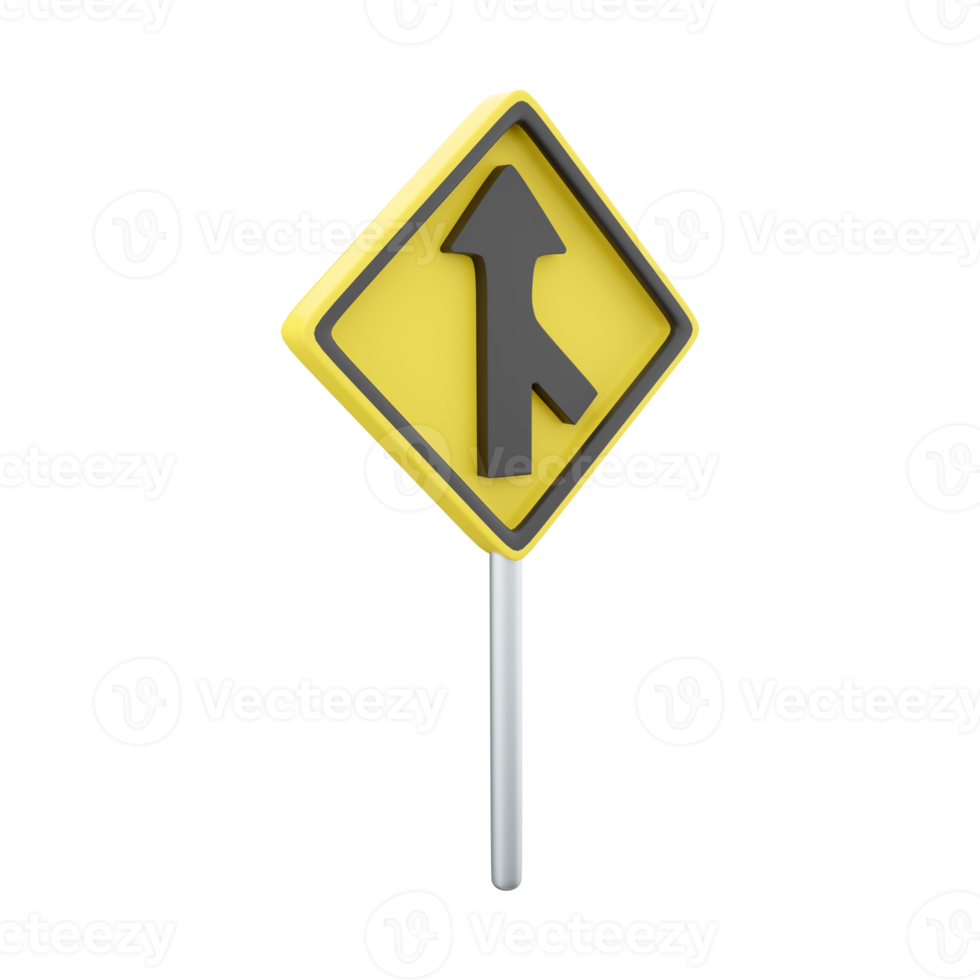 3d rendere il traffico cartello si fonde con il giusto corsia. avvertimento per automobilisti su il strada. 3d interpretazione il traffico cartello si fonde con il giusto corsia cartone animato icona. png