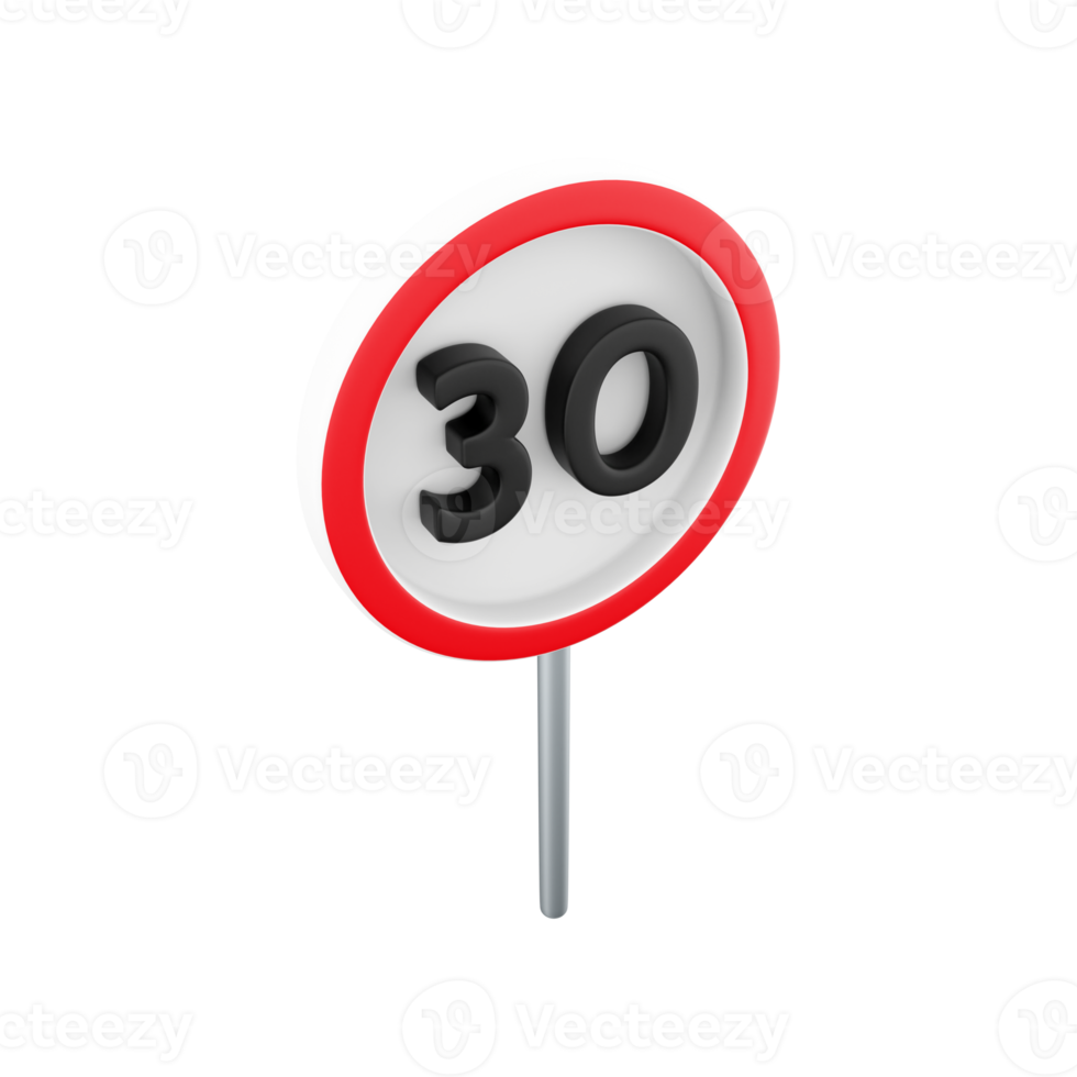 3d render 30 kilometers or miles per hour max speed limit red sign - Thirty speed limit traffic sign editable  illustration. 3d rendering Thirty speed limit traffic sign cartoon icon. png