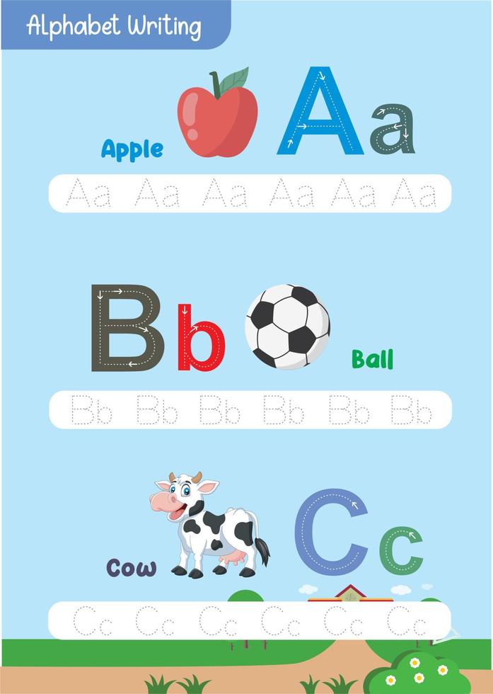 aprendizaje y rastreo alfabetos con linda animales me gusta manzana, avión, abeja, pelota, gato, vaca, pato, muñeca, elefante, huevo vector