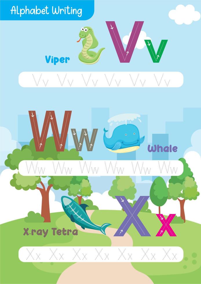 Learning and tracing alphabets with cute animals like apple, airplane, bee, ball, cat, cow, duck, doll, elephant, egg vector