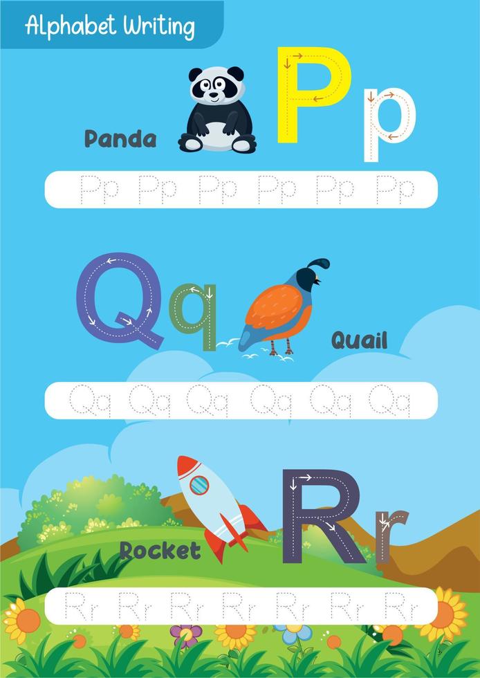 Learning and tracing alphabets with cute animals like apple, airplane, bee, ball, cat, cow, duck, doll, elephant, egg vector