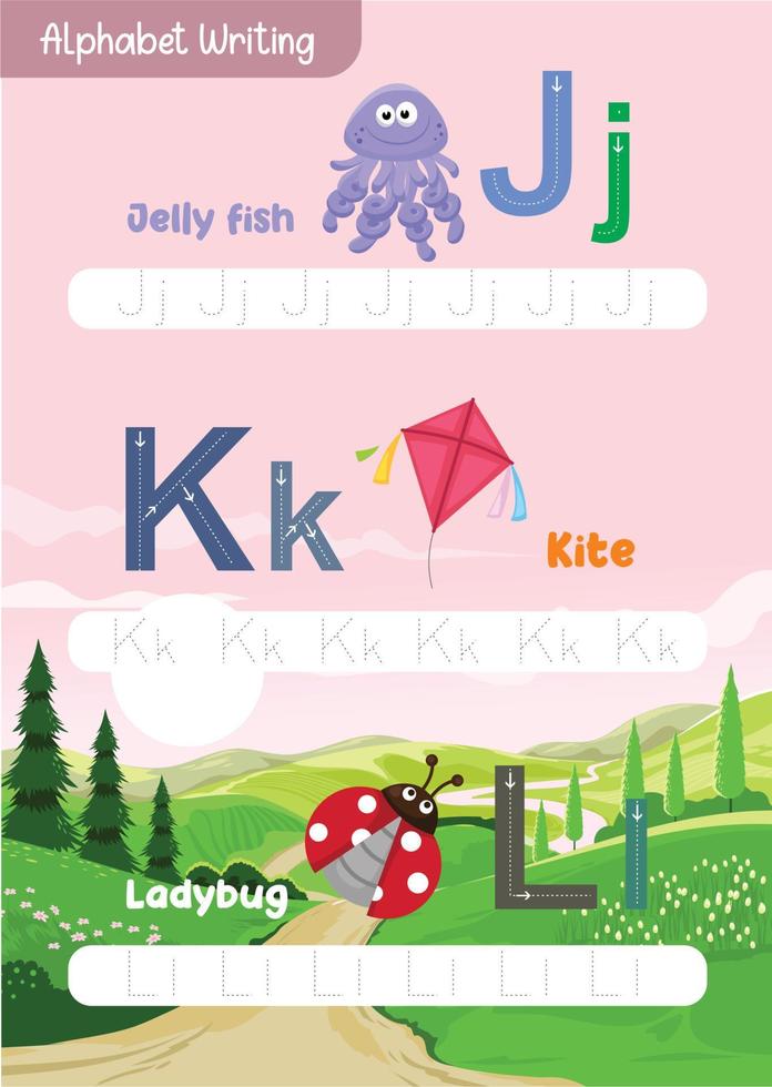 Learning and tracing alphabets with cute animals like apple, airplane, bee, ball, cat, cow, duck, doll, elephant, egg vector