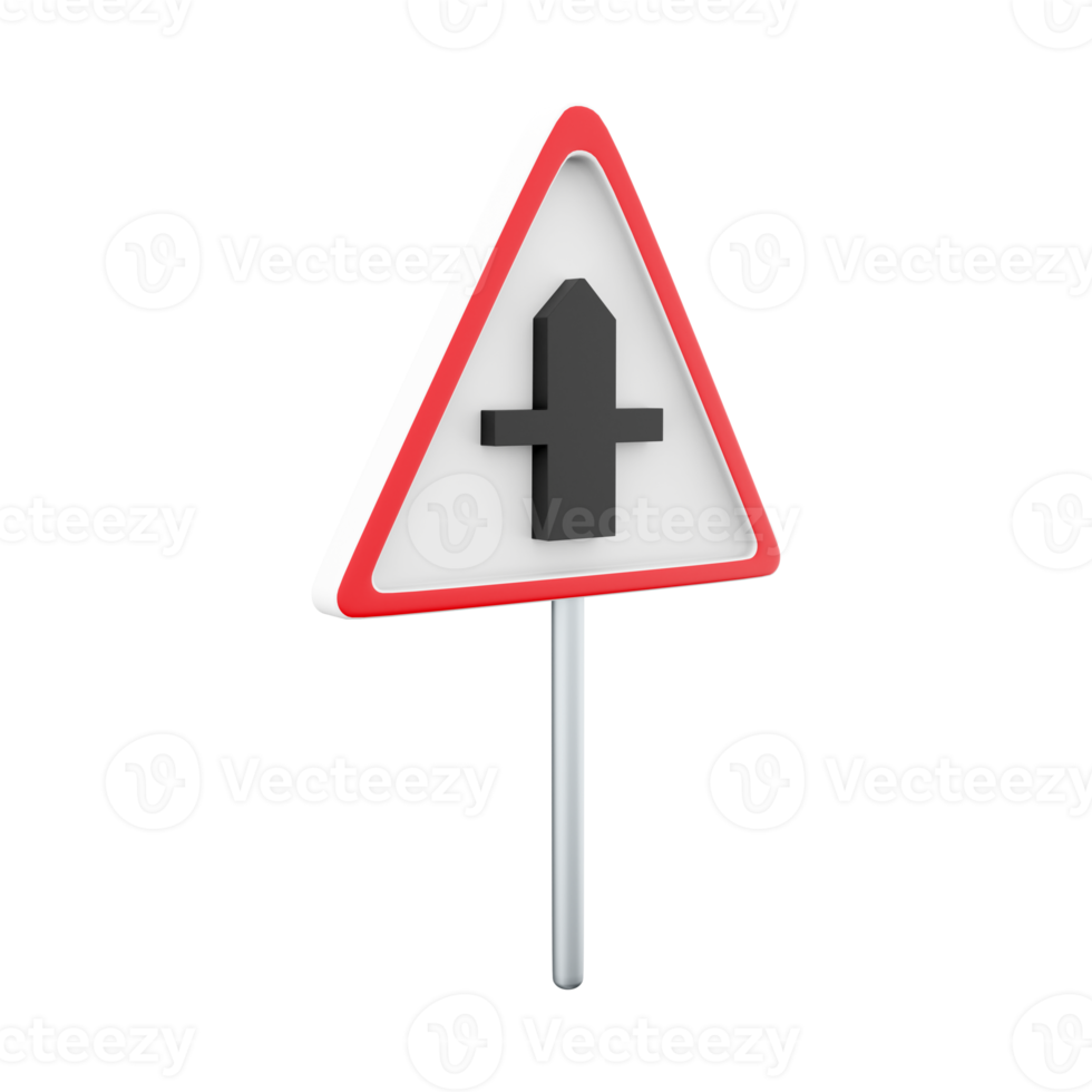 3d render of a uk crossroad ahead road sign. It consists of a crossroad symbol contained within a red triangle. 3d render crossroad ahead road sign cartoon icon. png