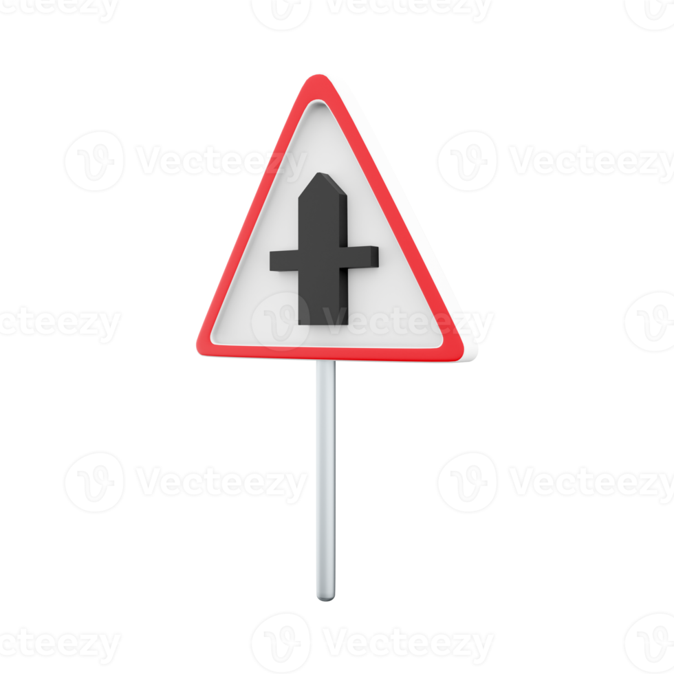 3d render of a uk crossroad ahead road sign. It consists of a crossroad symbol contained within a red triangle. 3d render crossroad ahead road sign cartoon icon. png