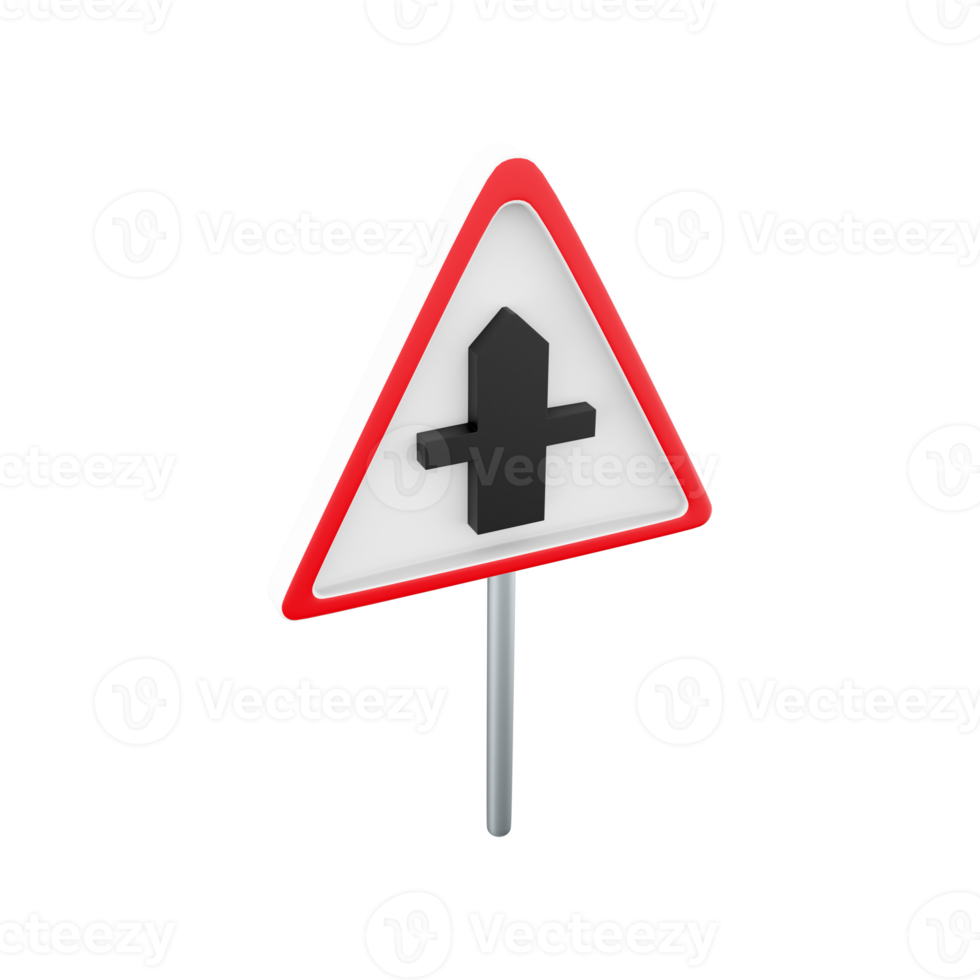 3d render of a uk crossroad ahead road sign. It consists of a crossroad symbol contained within a red triangle. 3d render crossroad ahead road sign cartoon icon. png