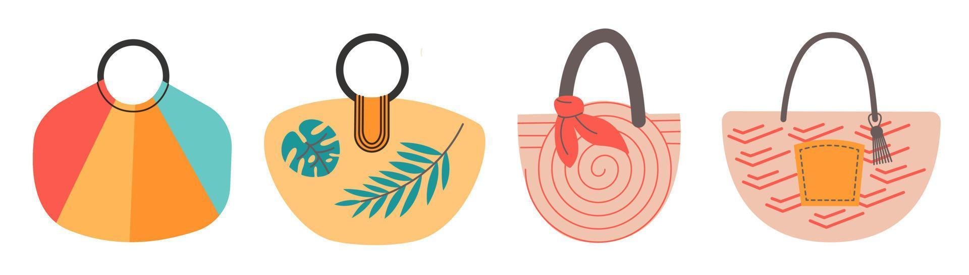 Doodle carton illustration. Cartoon summer elements, summertime accessory. Vector set of beach bags.