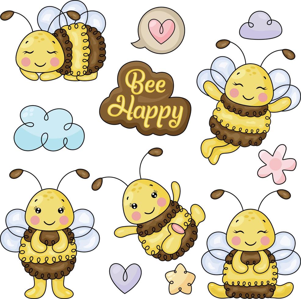 Set of digital elements with happy funny bee vector