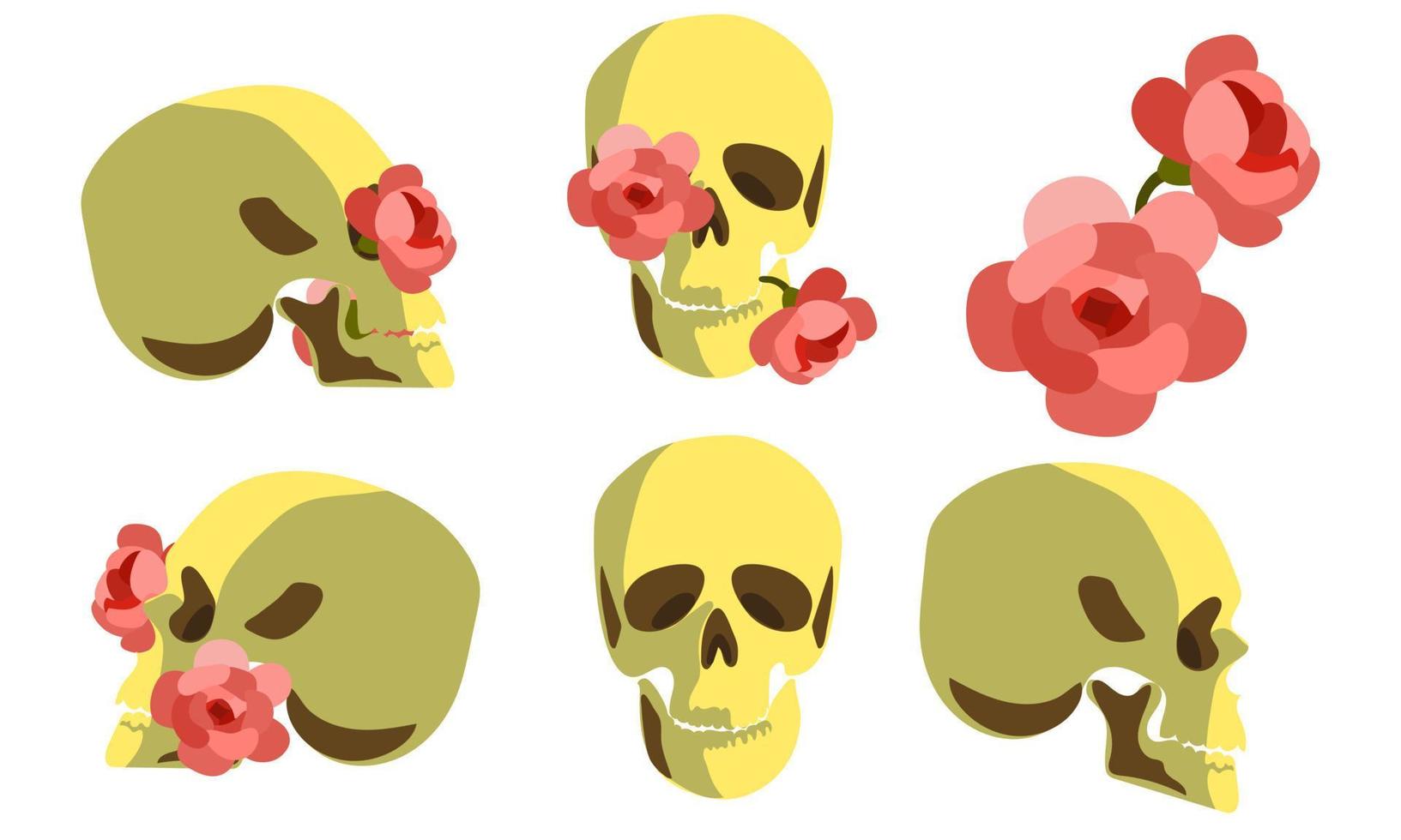 A set of skulls with flowers. A collection of portraits with a human skull with flowers in the skull. Vector illustration isolated on a white background. Printing Stickers