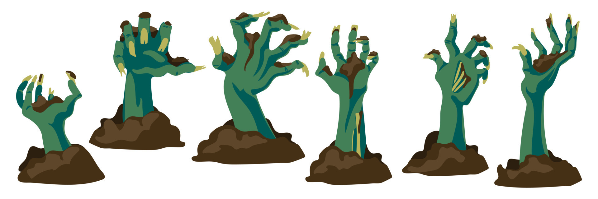 A set of zombie arms sticking out of the ground. Various damaged and