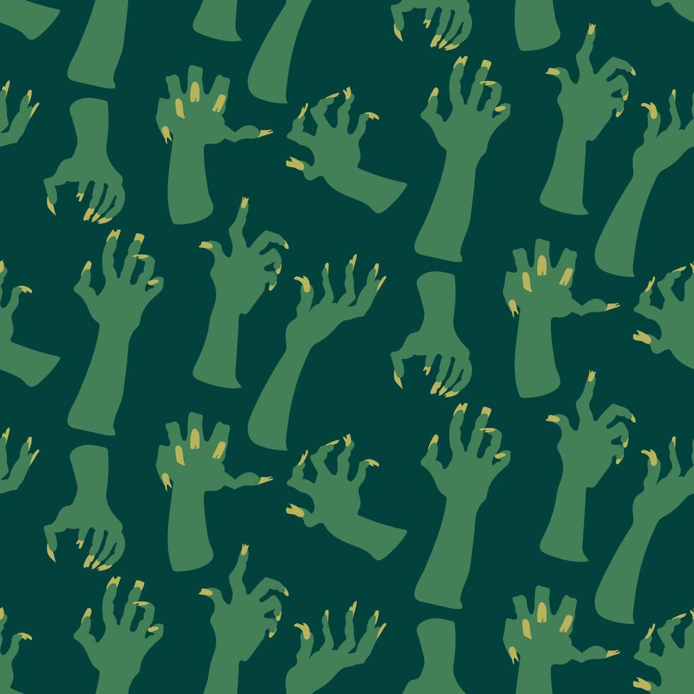 A pattern of dead man's hands, zombie hands trying to grab each other. Attacking green hands. It is well suited for Halloween-style decoration of paper and textile products. Scary hands on a green vector