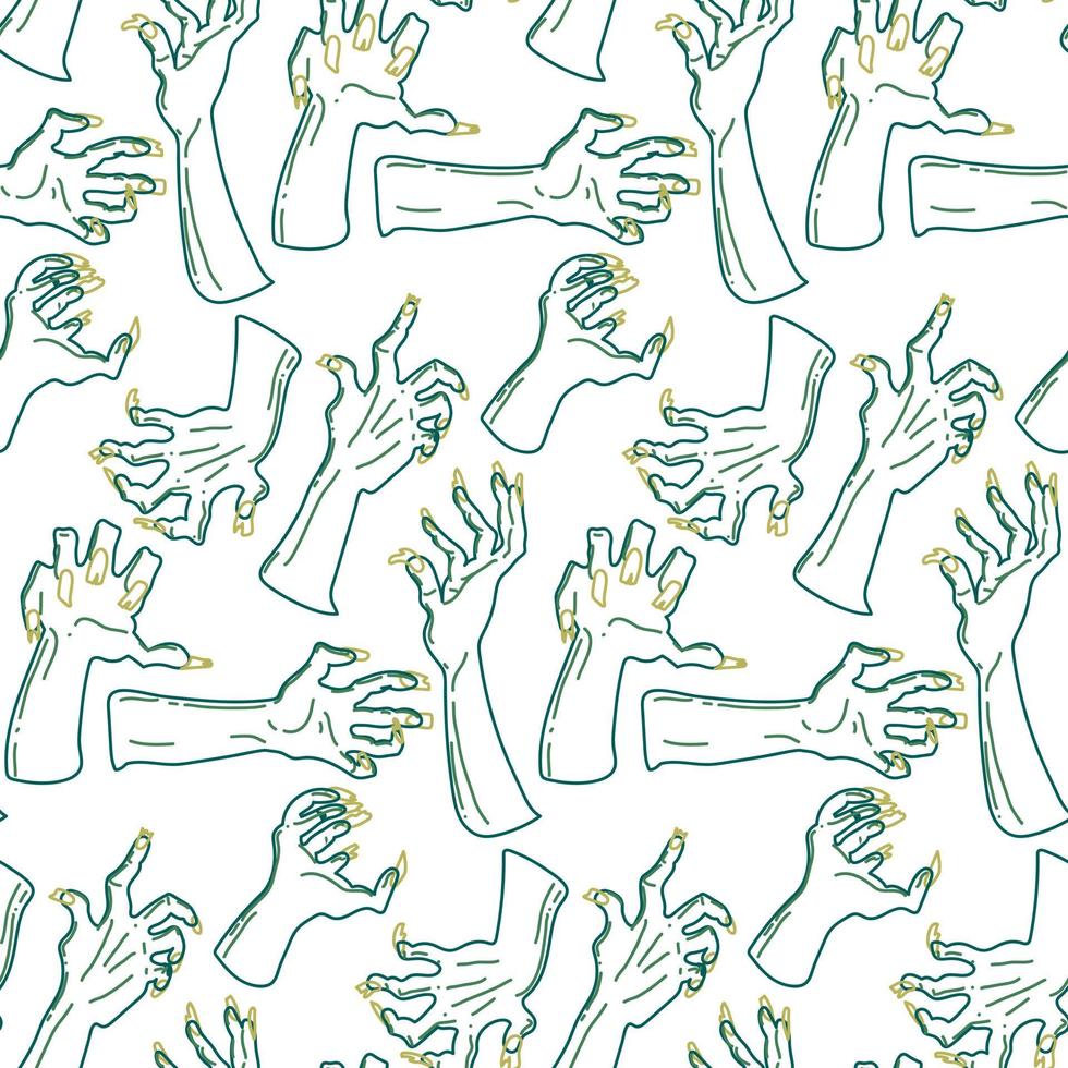 A pattern from the outline of a dead man's hands, zombie hands trying to grab each other. Attacking green hands. It is well suited for Halloween-style decoration of paper and textile products vector