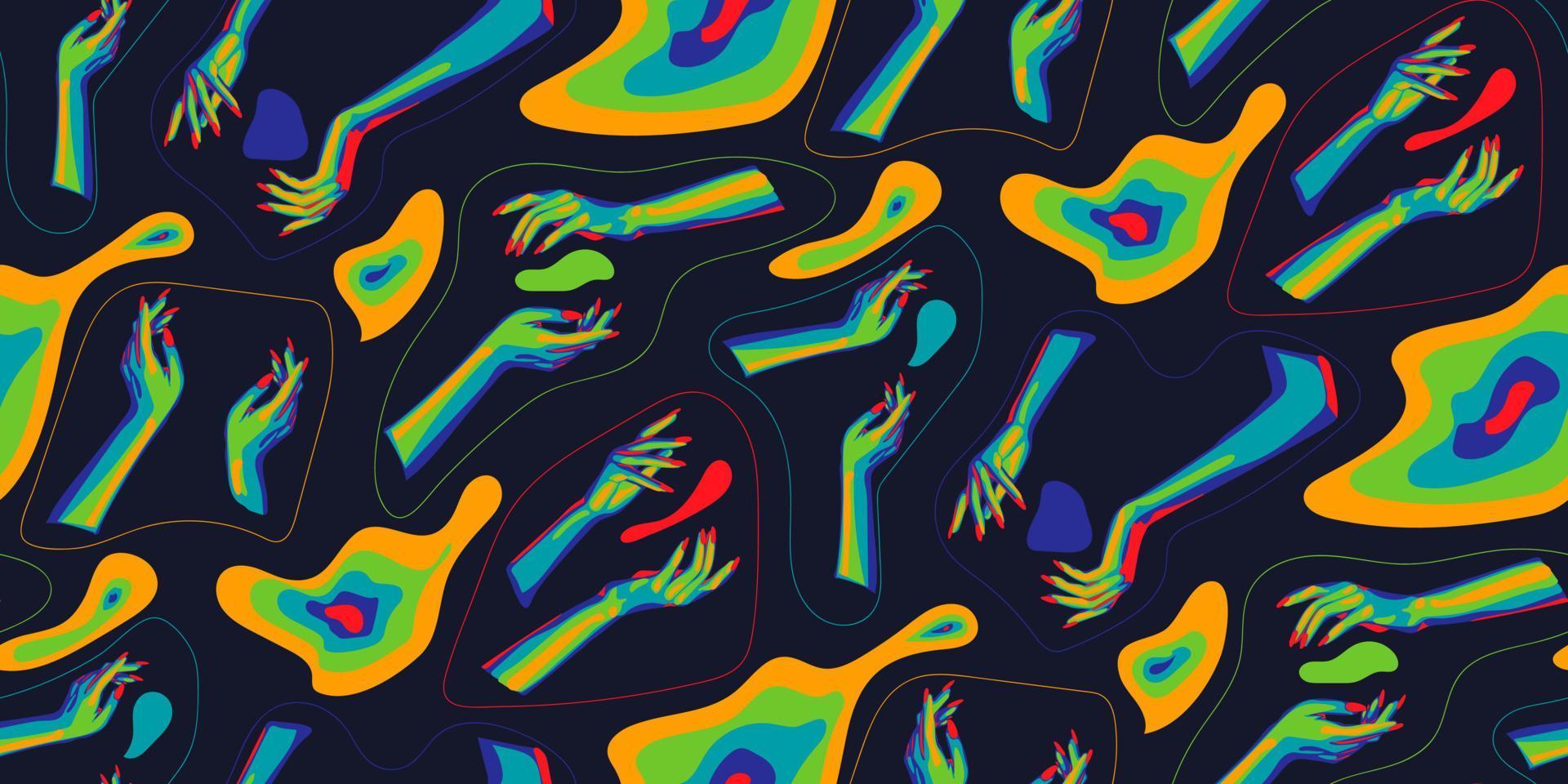 A pattern of mystical bright witch hands and spots. Thin, elegant hands of juicy colors - green, yellow, blue, red on a dark. The arms are long in different poses. Printing on textiles for Halloween vector