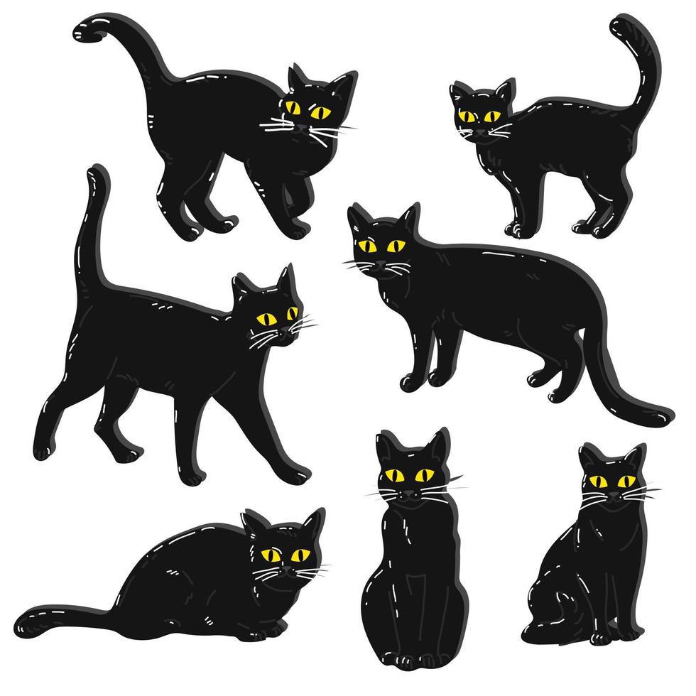 un conjunto de negro gatos en diferente poses para Víspera de Todos los Santos. gatos en un sencillo negro estilo con rayas debajo retro ligero reflejos. un colección de elementos con diferente emociones en un gato vector