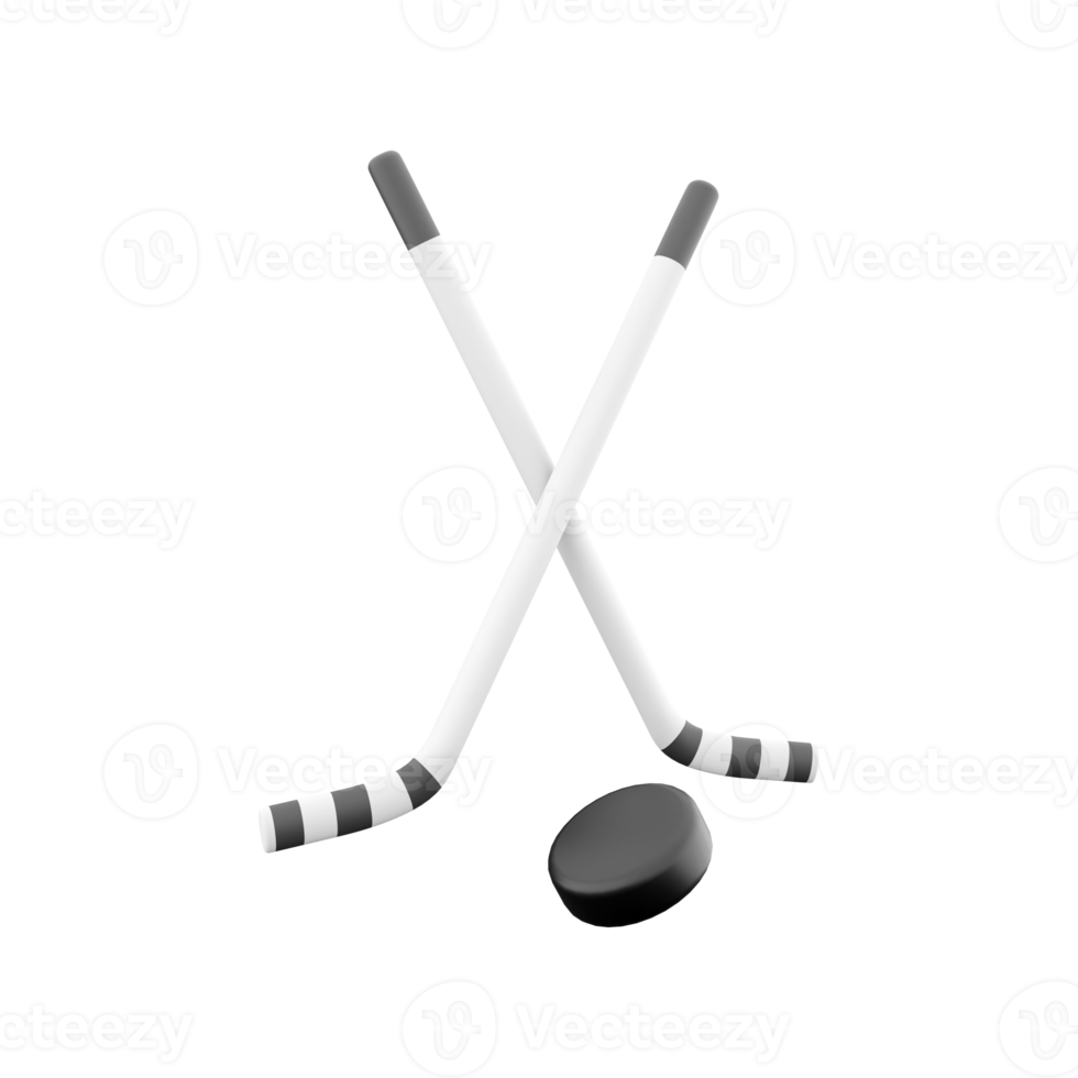 3D rendering 3D rendering illustration of crossed hockey sticks and puck. Winter sports team championship concept. 3D cross hockey sticks and puck icon. png