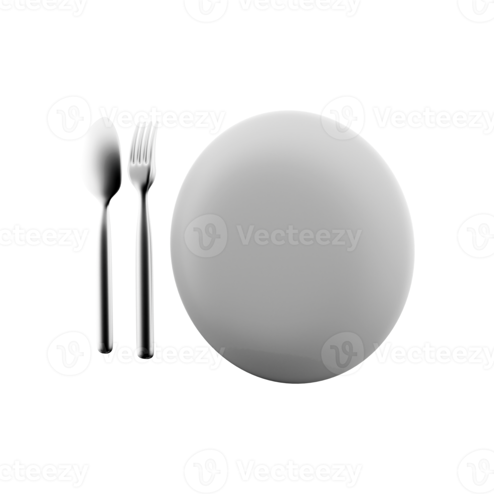 3d Rendern Tafel. 3d machen von Platte, Löffel und Gabel auf ein Weiß Hintergrund. 3d machen von Platte, Löffel, Gabel, Symbol png