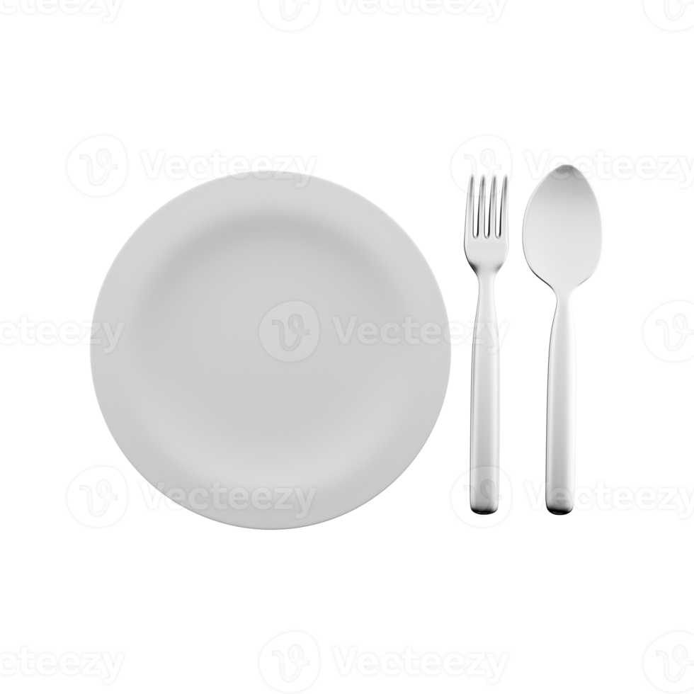 3d interpretazione tavola. 3d rendere di piatto, cucchiaio e forchetta su un' bianca sfondo. 3d rendere di piatto, cucchiaio, forchetta, icona png