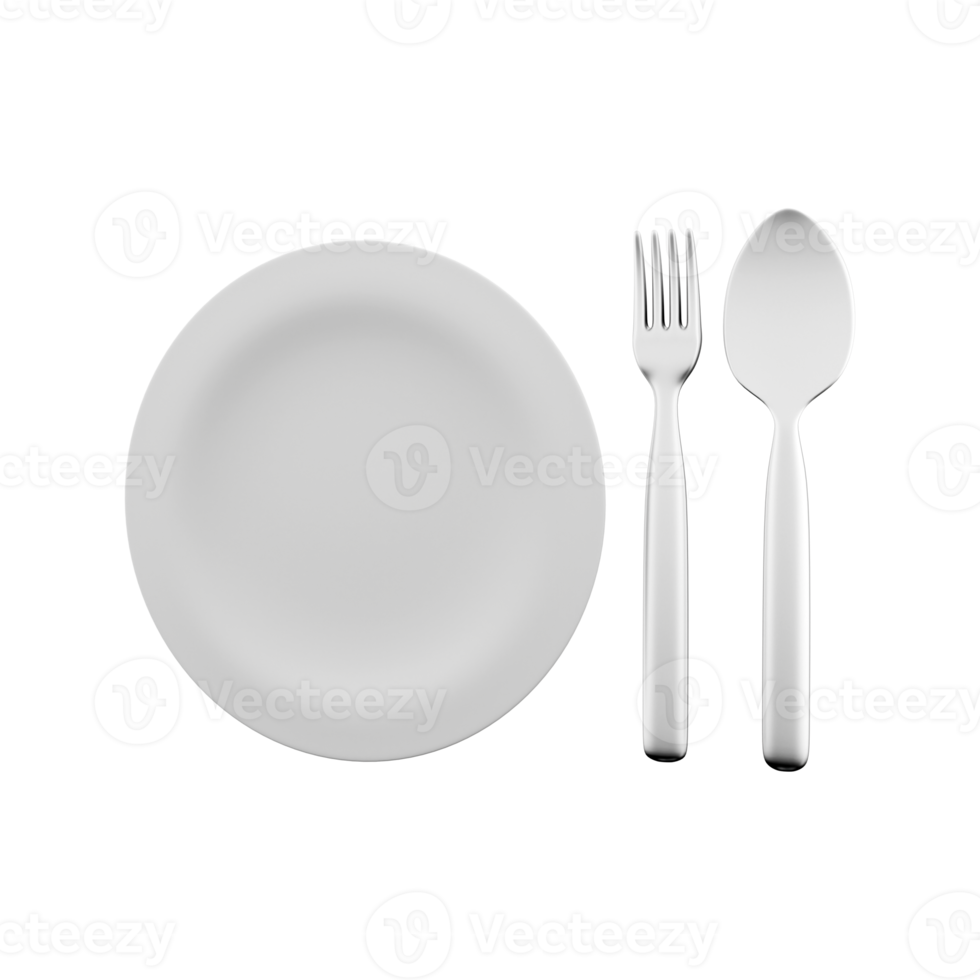 3d Rendern Tafel. 3d machen von Platte, Löffel und Gabel auf ein Weiß Hintergrund. 3d machen von Platte, Löffel, Gabel, Symbol png