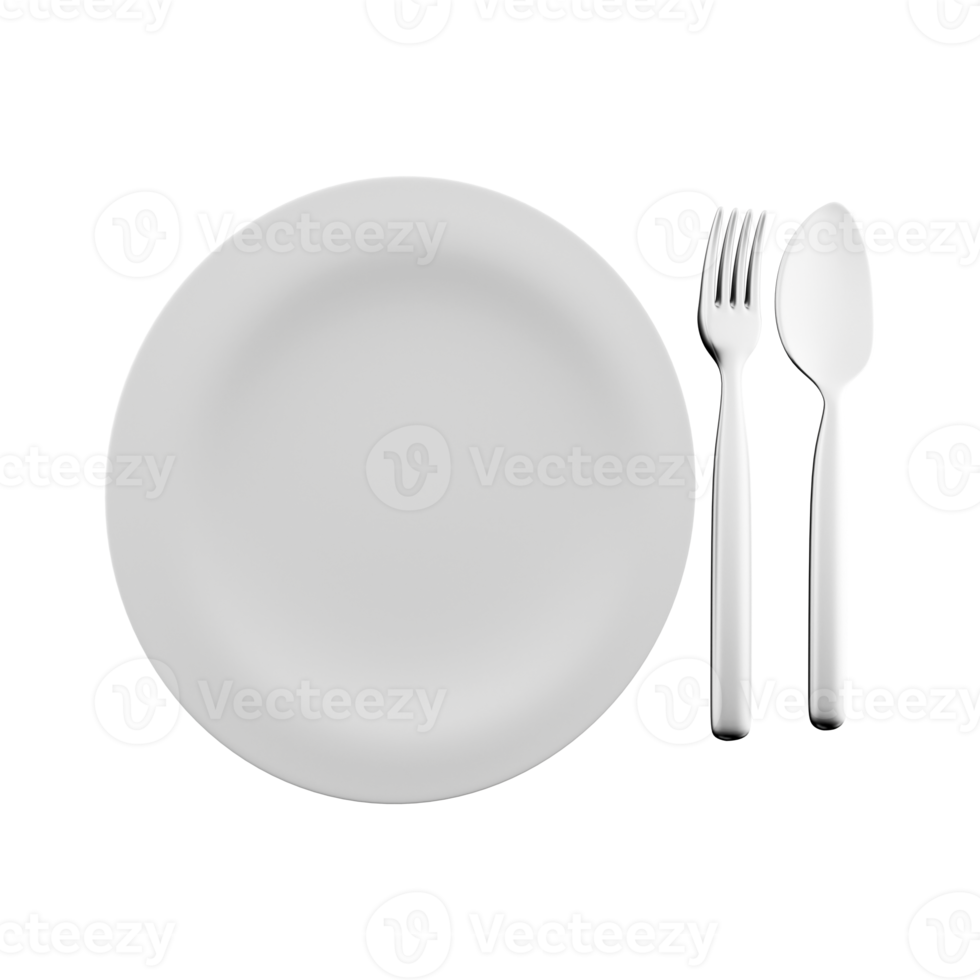 3d interpretazione tavola. 3d rendere di piatto, cucchiaio e forchetta su un' bianca sfondo. 3d rendere di piatto, cucchiaio, forchetta, icona png