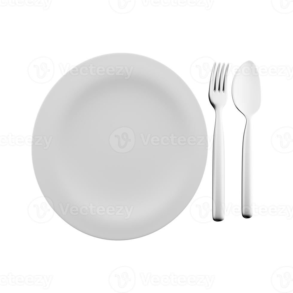 3d Rendern Tafel. 3d machen von Platte, Löffel und Gabel auf ein Weiß Hintergrund. 3d machen von Platte, Löffel, Gabel, Symbol png