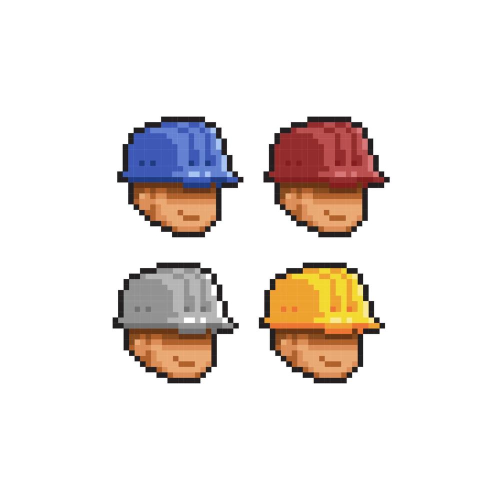 worker head with different hat color in pixel art style vector