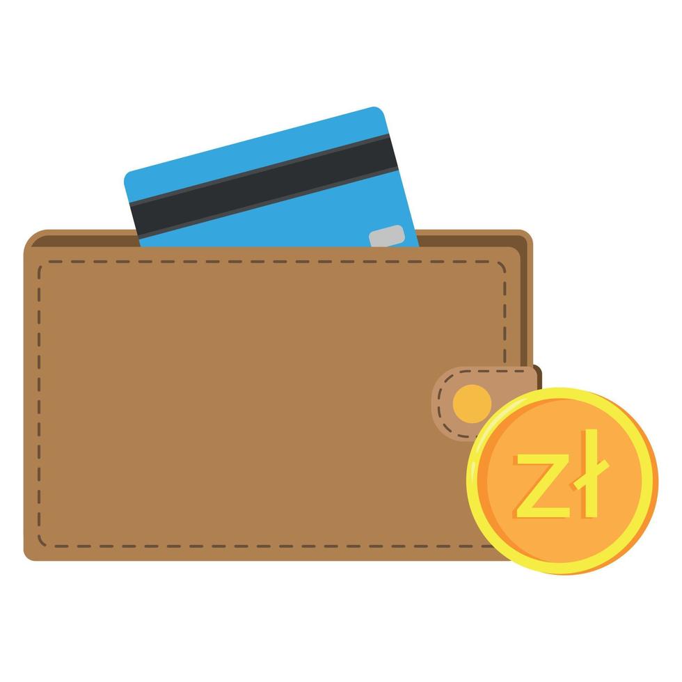 Wallet with polish zloty coins and credit card. Flat vector illustration.