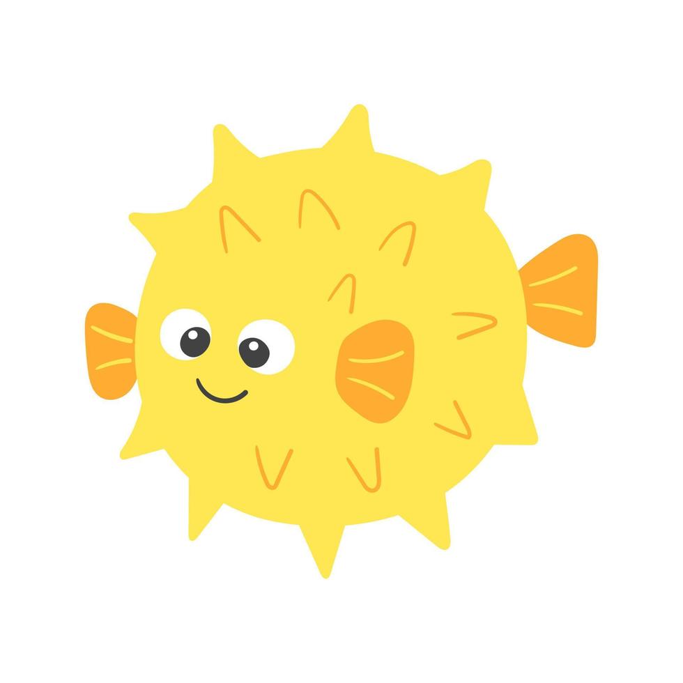Vector cute cartoon yellow blow fish in flat style. Illustration of sea animal character