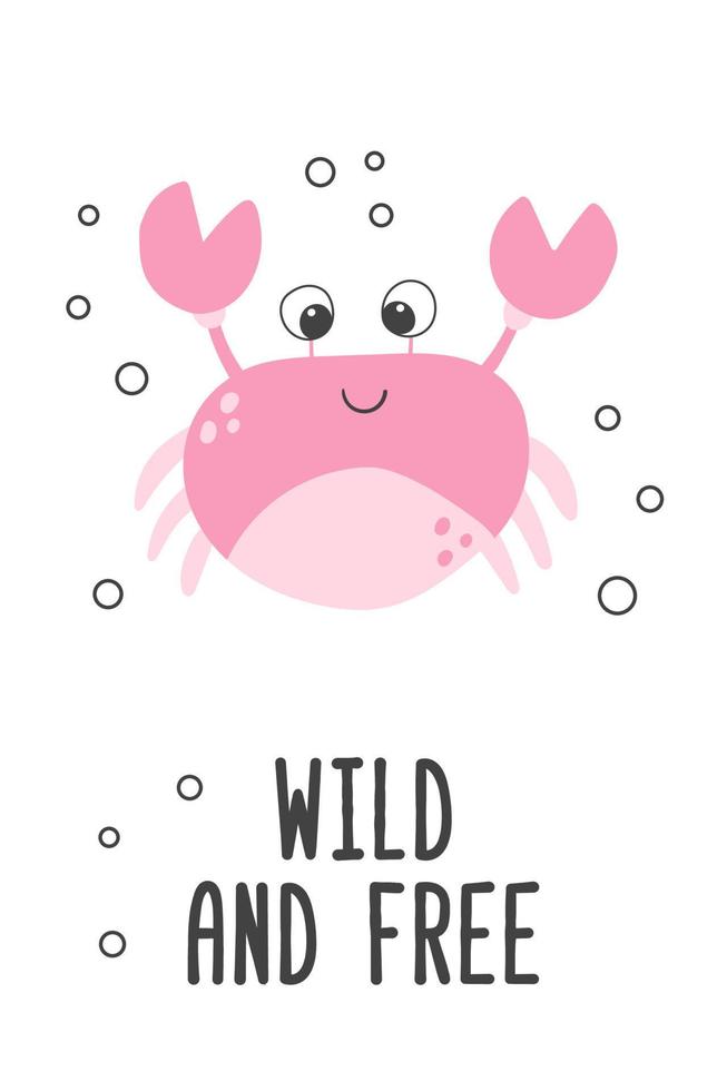 Poster of vector cute cartoon blue jellyfish with bubbles and text Wild and free in flat style.