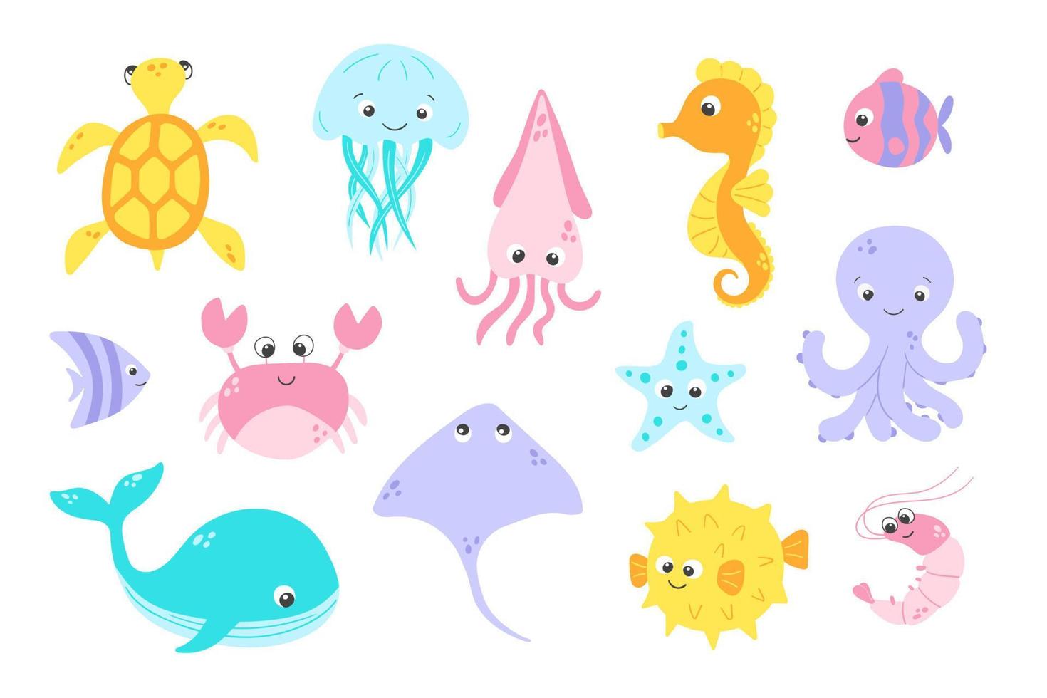 Vector cute fish and wild marine animals collection in flat style ...