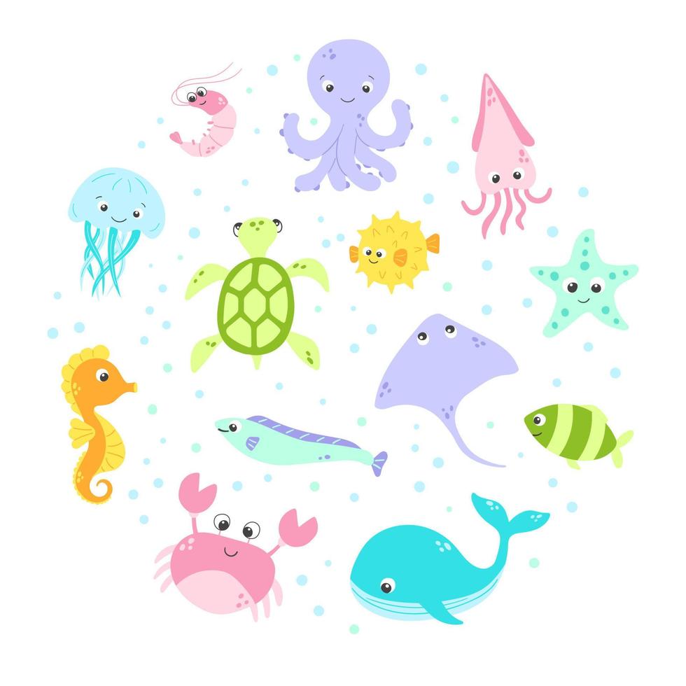 Vector cute fish and wild marine animals circle collection in flat style. Colourful set of ocean and sea life