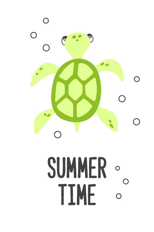 póster de vector linda dibujos animados verde mar Tortuga con burbujas y texto verano hora en plano estilo.