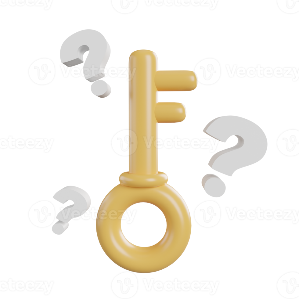 Key with question mark. 3d render illustration png