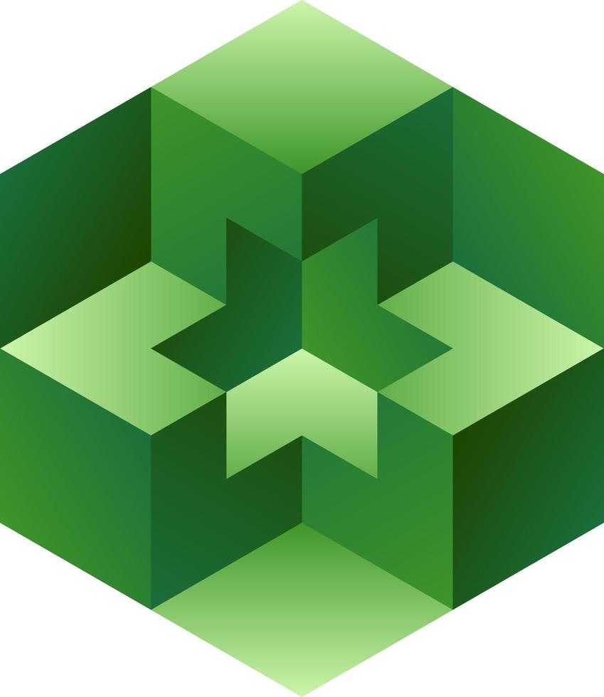 3d optical illusion of impossible shape. 3d shape of block cube. Vector illustration of green cube logo. 3d illusion of geometric for logo, design or art. Perspective illusion shape illustration