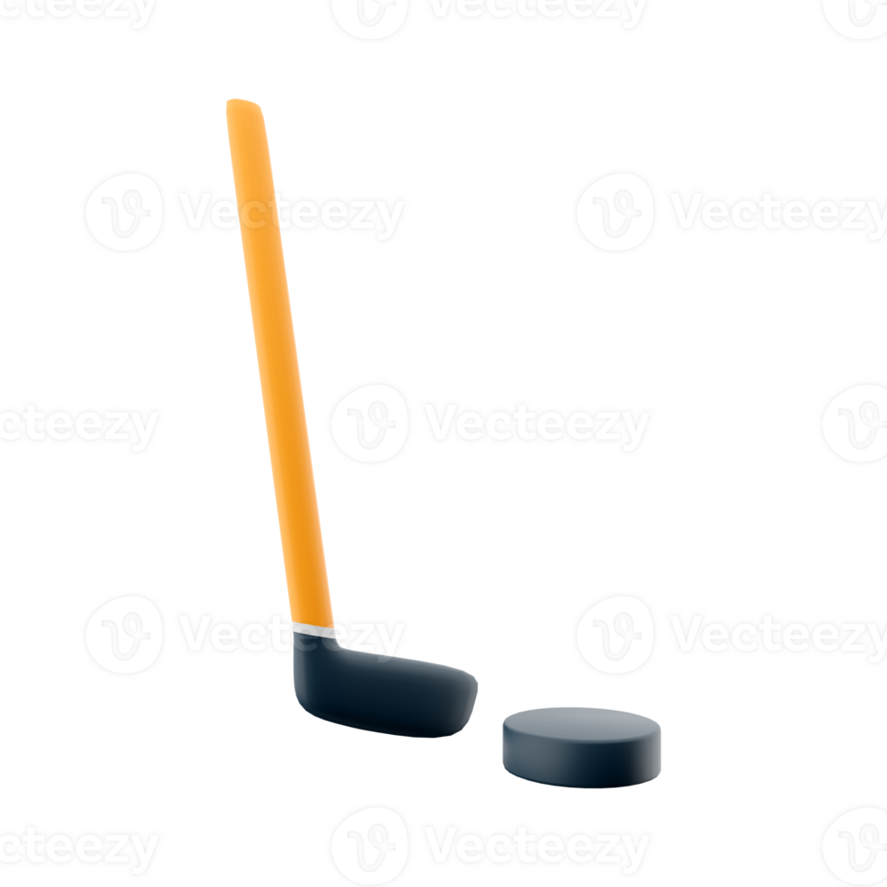 3d rendering hockey stick and puck icon. 3d render team play on ice on skates with a small ball or puck hit by a stick icon. png