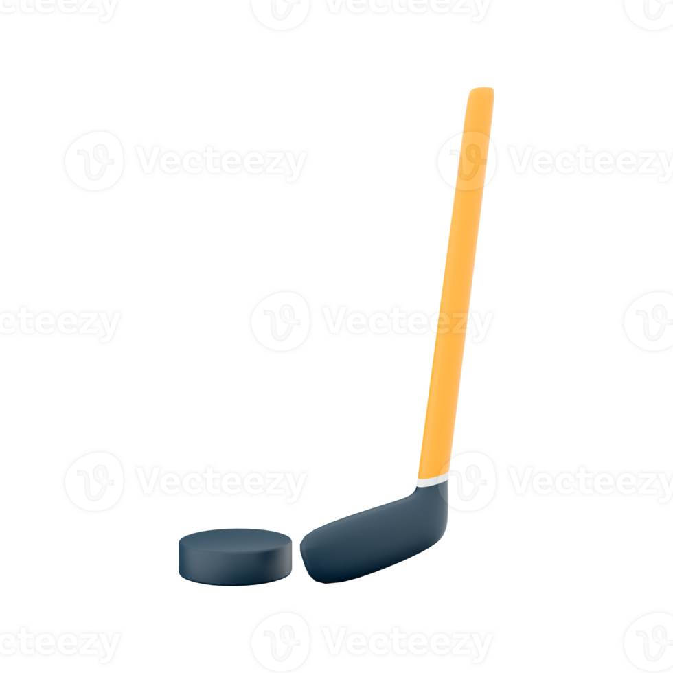 3d rendering hockey stick and puck icon. 3d render team play on ice on skates with a small ball or puck hit by a stick icon. png