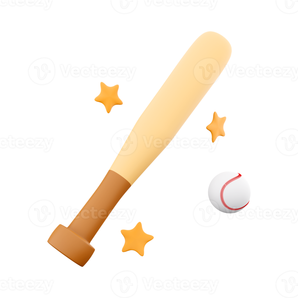 3d rendering baseball ball and bat with stars around icon. 3d render hitting the ball with a bat icon. png