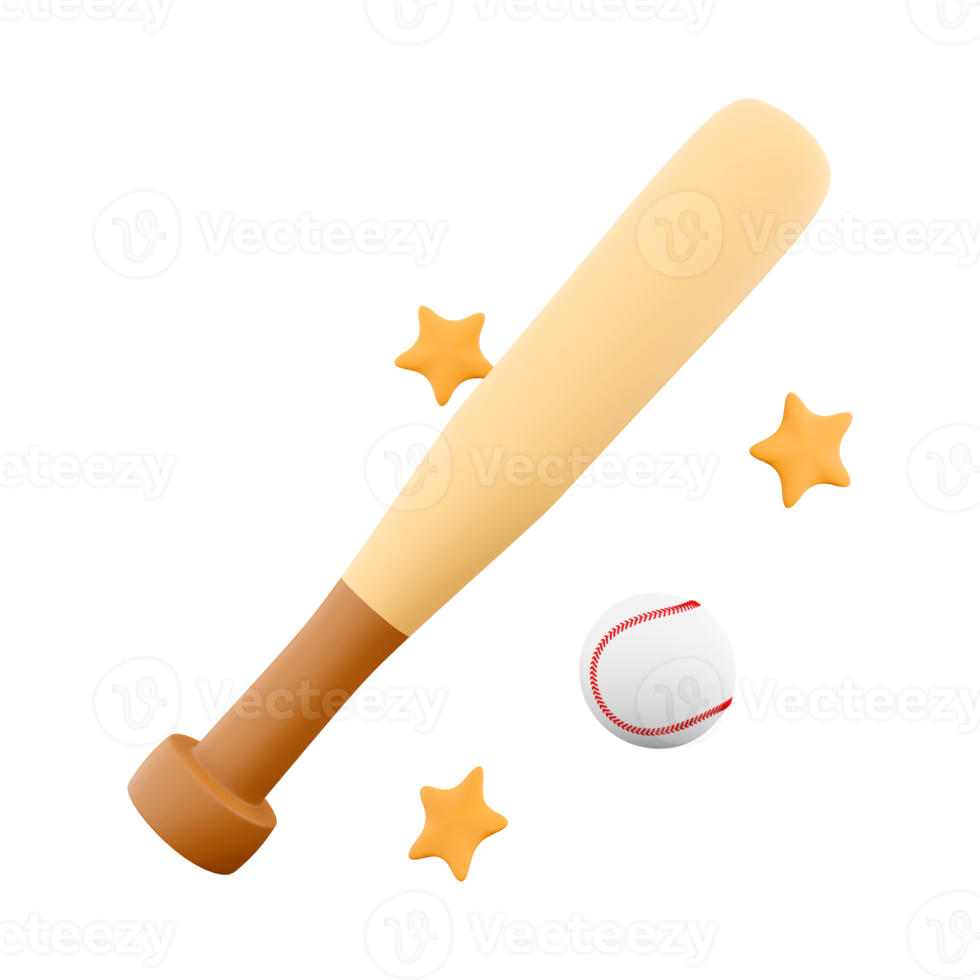 3d rendering baseball ball and bat with stars around icon. 3d render hitting the ball with a bat icon. png