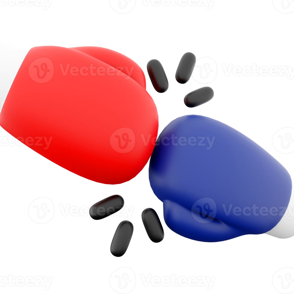 3d rendering boxing gloves hit each other icon. 3d render boxing competition icon. Boxing gloves. png