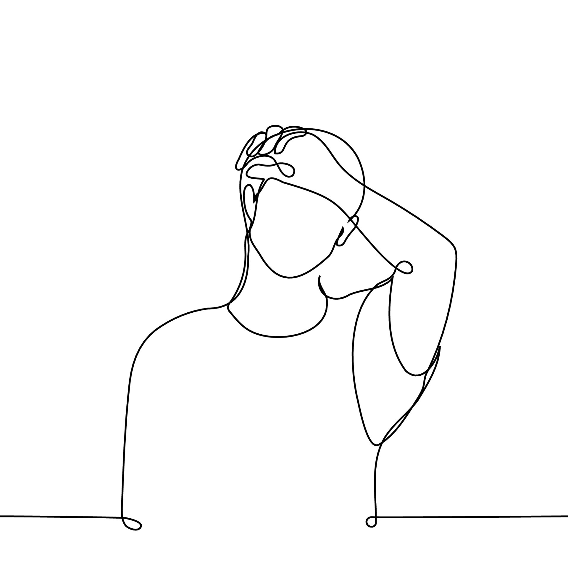 man wipes sweat from his forehead with his hand one line drawing