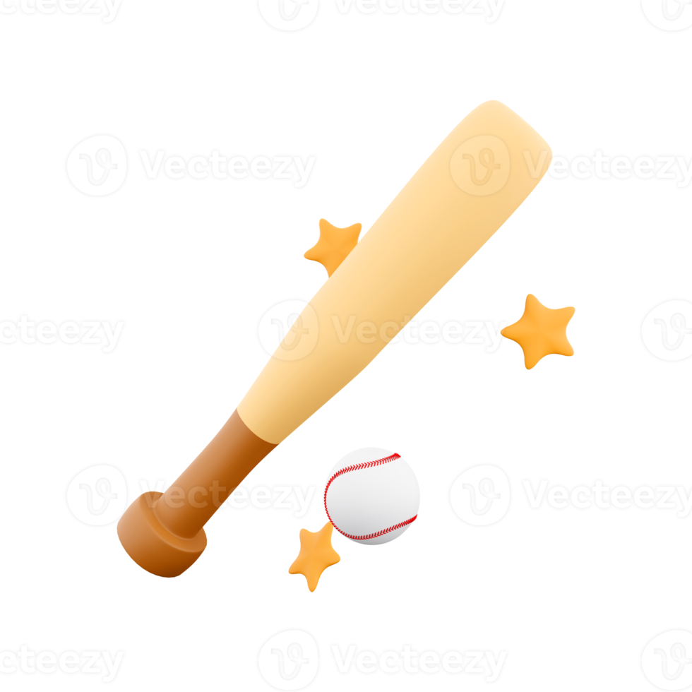 3d rendering baseball ball and bat with stars around icon. 3d render hitting the ball with a bat icon. png