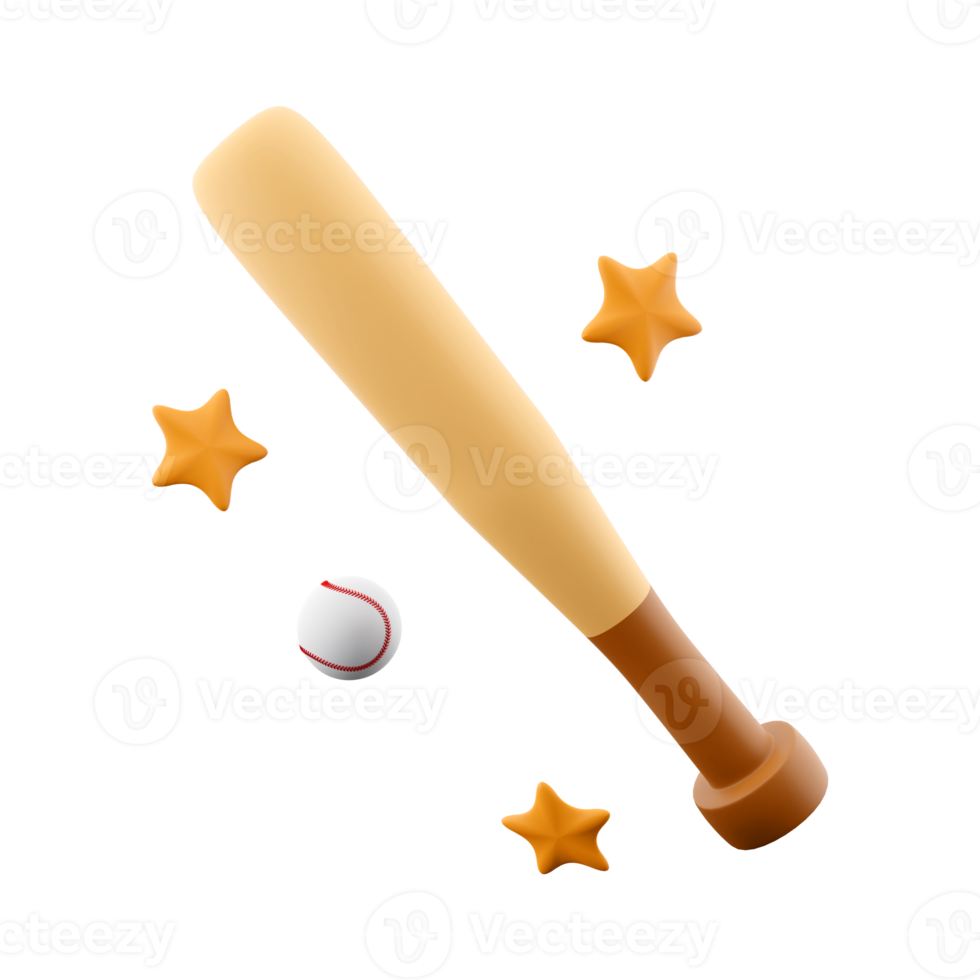 3d rendering baseball ball and bat with stars around icon. 3d render hitting the ball with a bat icon. png