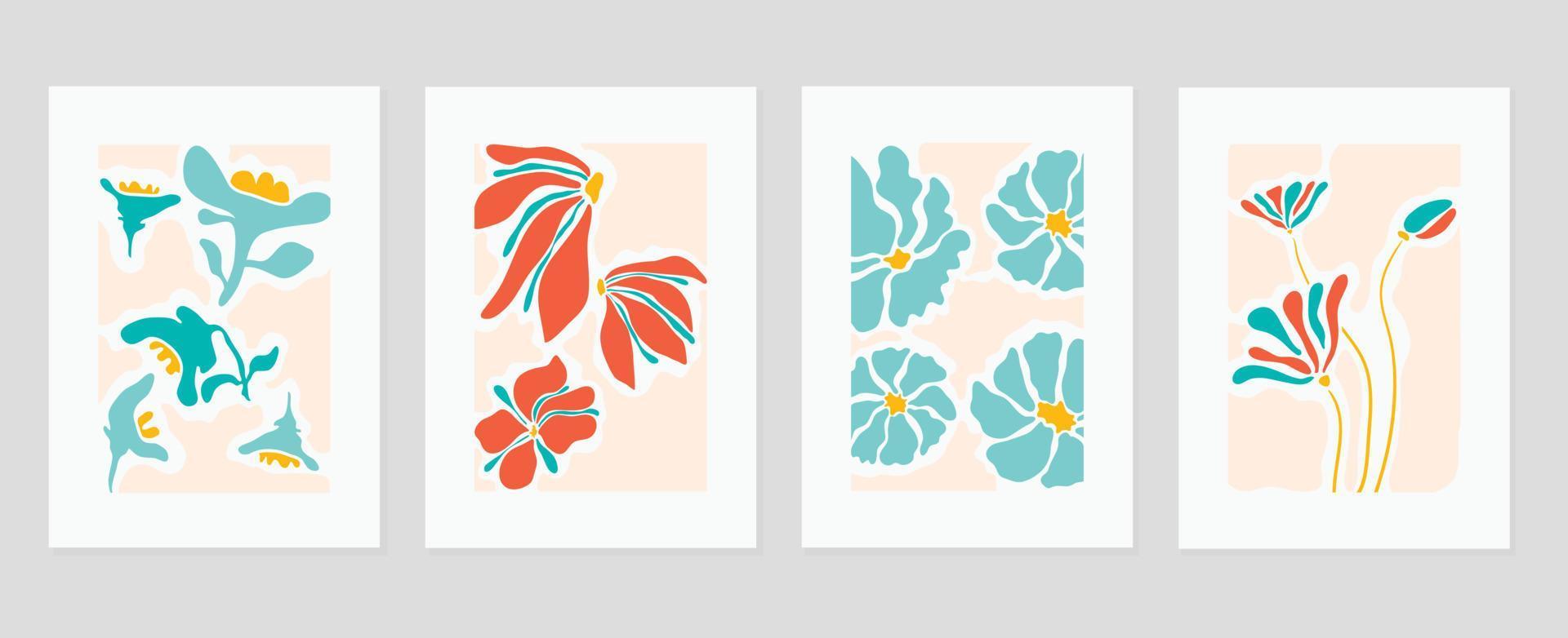Set of abstract cover background inspired by matisse. Plants, flower, branch, leaf colorful in hand drawn style. Contemporary aesthetic illustrated design for wall art, decoration, wallpaper, print. vector