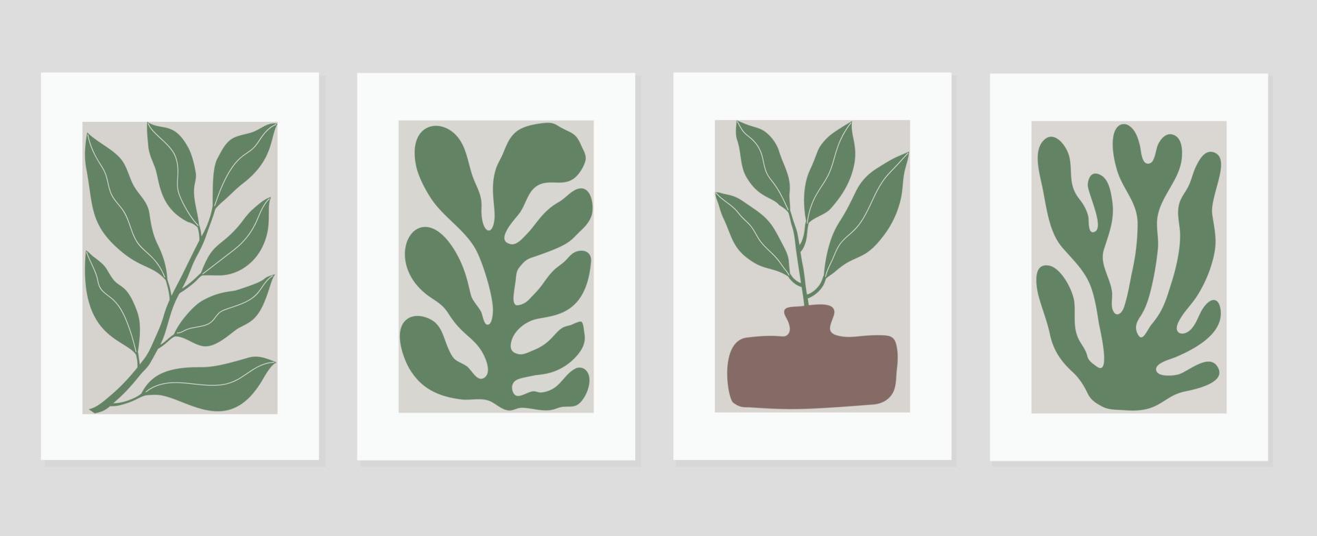 conjunto de resumen cubrir antecedentes inspirado por Matisse. plantas, hoja rama, coral, florero en mano dibujado estilo. contemporáneo estético ilustrado diseño para pared arte, decoración, imprimir, fondo de pantalla. vector